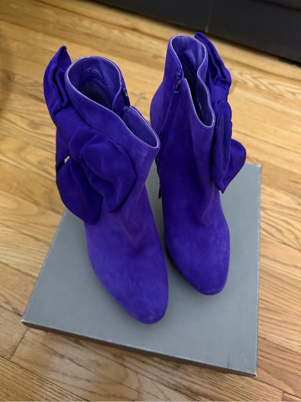 Alexander McQueen Violet Suede Ankle Boots with Sculpted Bow